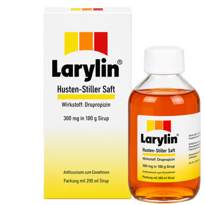Faltschachtel und Flasche des Larylin Hustenstiller Safts